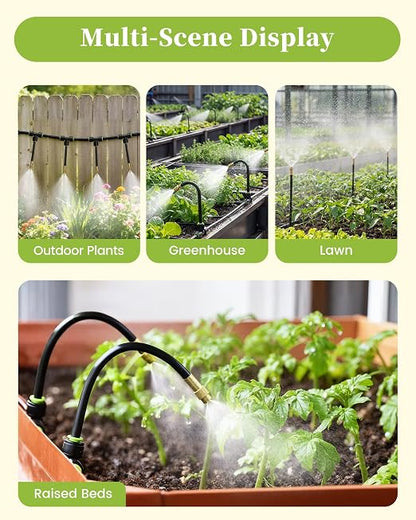 RAINPOINT 100FT Drip Irrigation System with 30pcs Adjustable Copper Nozzles | Garden watering kit with 360° adjustable atomizing sprayers for greenhouse, lawn, raised beds, flower beds, vegetable gardens