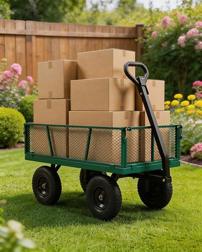 GarveeTech 400LBS Heavy Duty Steel Garden Cart, Garden Wagon Cart on Wheels, Metal Yard Utility Wagon with Removable Mesh Sides, 10" All Terrain Tires, 180° Rotating Handle for Lawn, Garden, Farm