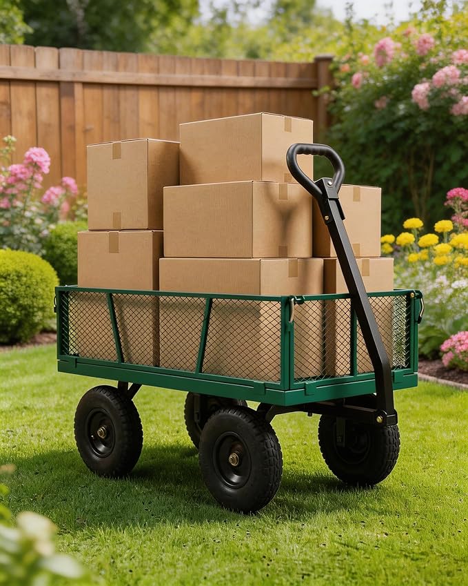 GarveeTech 800LBS Heavy Duty Steel Garden Cart, Garden Wagon Cart on Wheels, Metal Yard Utility Wagon with Removable Mesh Sides, 10" All Terrain Tires, 180° Rotating Handle for Lawn, Garden, Farm