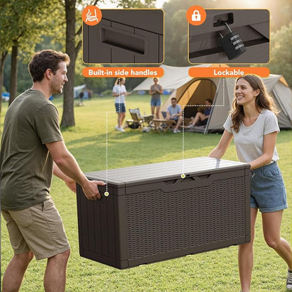 105 Gallon Deck Box Outdoor Indoor Waterproof Storage Box for Patio Furniture, Pool Accessories, Garden Tools, and Cushion Storage, Brown