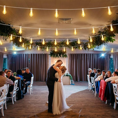 Larkvue 100FT Outdoor String Lights, LED Patio Lights with 32 Waterproof Shatterproof Dimmable A39 Hanging Bulbs(2 Spare) for Garden Wedding-White