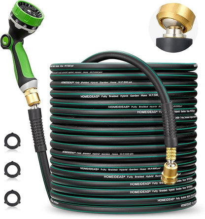 HOMEIDEAS 100 ft Rubber Garden Hose with Nozzle - Newly Leak-proof & Kink-free Design | Freely Rotational Spherical Ball Joint, Anticorrosive 3/4" Brass Fittings - Perfect for Outdoor Watering