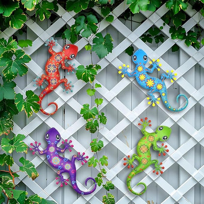 4 Pcs Metal Gecko Outdoor Decorations - Metal Wall Art Hanging Sculpture Decoration for Garden Yard Fence Porch Exterior Wall Decor