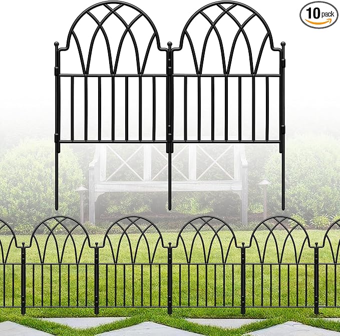 24in(H) x 10.56ft(L) Garden Fence - No Dig Metal Fence Animal Barrier Arched Wire Border Panels with Ground Stakes for Dogs Flower Beds Yard Patio Outdoor Decor