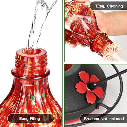 Hand Blown Glass Hummingbird Feeders for Outdoors Hanging, 24oz Wild Bird Nectar Feeder with Ant Moat and Perch, Bee-Resistant Ports, Garden Decor, Gifts for Women Mom, 1 Pack, Red Polka Dots