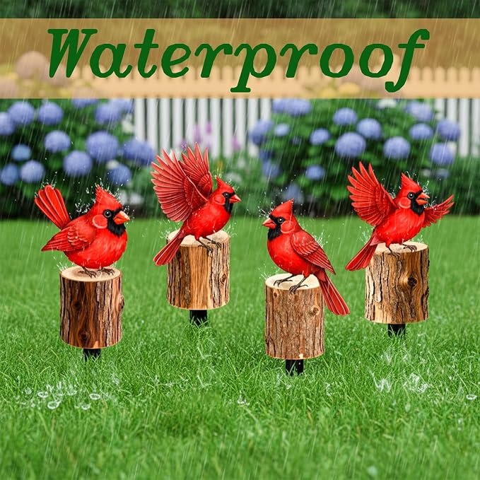 Set of 4 Metal Red Cardinal Birds on Stakes Outdoor Garden Decor - Yard Art Sculptures Standing on Wooden Post Style - Cardinal Gifts for Bird Lovers Patio Lawn Ornaments(Red Cardinal-c)