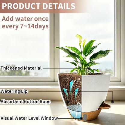 4-Pack Large Self Watering Pots for Indoor Plants, 12/10/9/8 Inch Planters with Visible Water Level Window, Automatic Watering System for Monstera, Fiddle Leaf, Herbs, Succulents, White