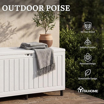 YITAHOME 90 Gallon Outdoor Storage Box with 6 Heavy-Duty Metal Legs & | Large Double-Wall Resin Deck Box, Lockable Waterproof Patio Organizer for Furniture, Cushions, White