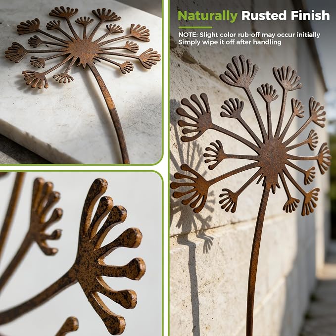 KODIBO 5-Pack Metal Yard Stakes, Rustic Dandelion Outdoor Yard Art Decor | Weather-Resistant Metal, Antique Rust Finish, Dandelion Design, For Lawn Border Planters Patio Lawn & Front Yard Landscaping