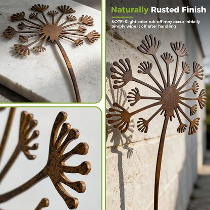 KODIBO 5-Pack Metal Yard Stakes, Rustic Dandelion Outdoor Yard Art Decor | Weather-Resistant Metal, Antique Rust Finish, Dandelion Design, For Lawn Border Planters Patio Lawn & Front Yard Landscaping
