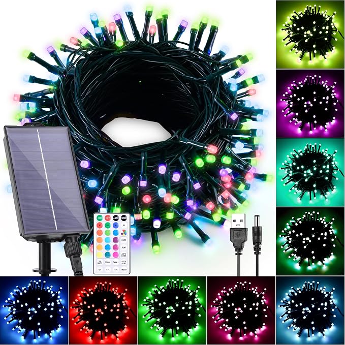Solar String Lights Outdoor Waterproof 40Ft, 18 Colors Changing 100 LED Christmas Lights Solar Powered & USB with Remote, RGB Fairy Lighting for Outside Tree Fence Party Indoor Halloween Decor