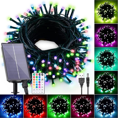 Solar String Lights Outdoor Waterproof 40Ft, 18 Colors Changing 100 LED Christmas Lights Solar Powered & USB with Remote, RGB Fairy Lighting for Outside Tree Fence Party Indoor Halloween Decor