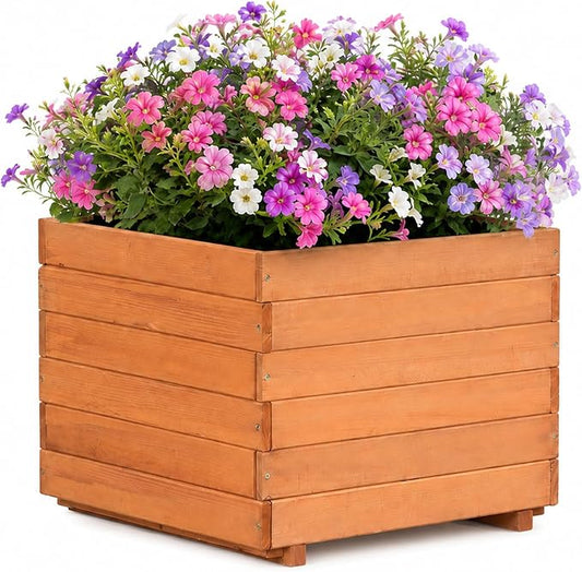 23.62" Square Wooden Planter Box, Planters for Outdoor Plants | Fir Wood Outdoor Garden Bed with 2 Drainage Holes Reinforced Bottom Support