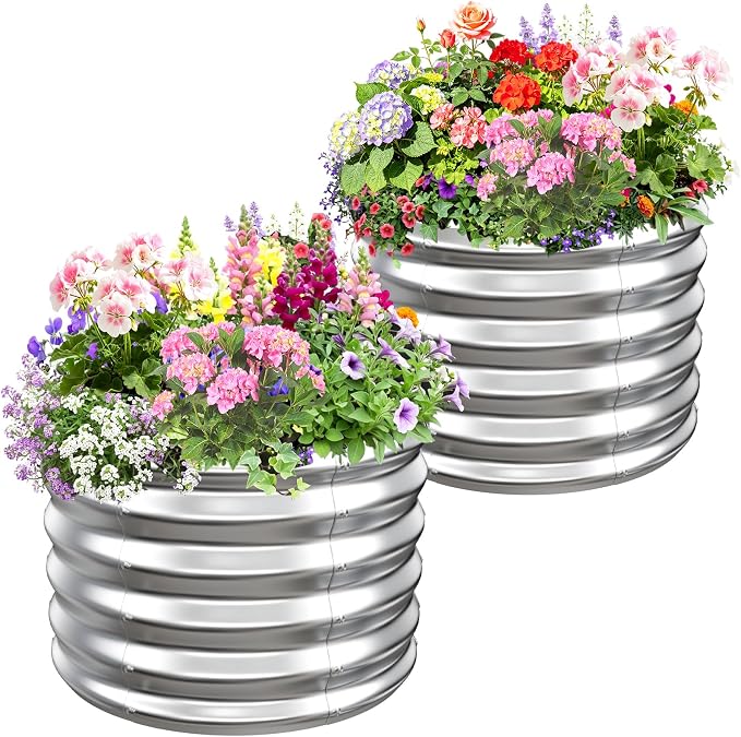 24" Diameter Round Raised Garden Bed - 17 Inch Tall, Heavy-Duty Galvanized Steel Planter Box with Wave-Shaped Panels for Vegetables, Herbs & Flowers (2, Silver, 24 Inch Diameter)