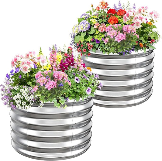 24" Diameter Round Raised Garden Bed - 17 Inch Tall, Heavy-Duty Galvanized Steel Planter Box with Wave-Shaped Panels for Vegetables, Herbs & Flowers (2, Silver, 24 Inch Diameter)