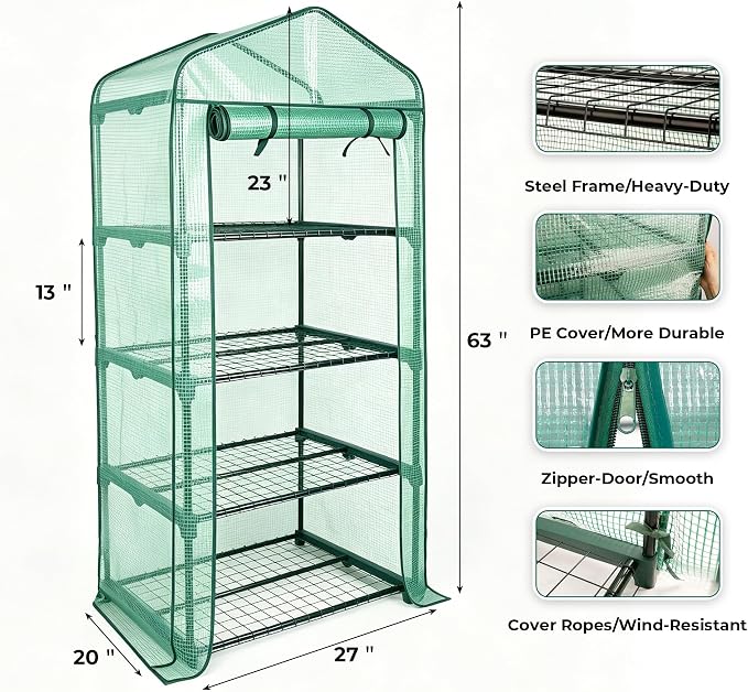Worth Garden 4 Tier Mini Greenhouse - 63'' H x 27'' L x 19'' W - Sturdy Portable Gardening Shelves with Durable PE Cover w/ Roll-Up Zipper Door- Small Green House Indoor & Outdoor for Plants Flowers