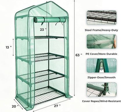 Worth Garden 4 Tier Mini Greenhouse - 63'' H x 27'' L x 19'' W - Sturdy Portable Gardening Shelves with Durable PE Cover w/ Roll-Up Zipper Door- Small Green House Indoor & Outdoor for Plants Flowers
