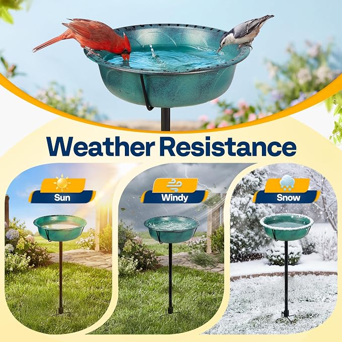 VIVOHOME Bird Bath for Outside, Outdoor 13'' Birdbath Bowl with Metal Ground Stake, Weather-Resistant ABS Bird Bath and Feeder for Garden, 1.45 Gallons, Green