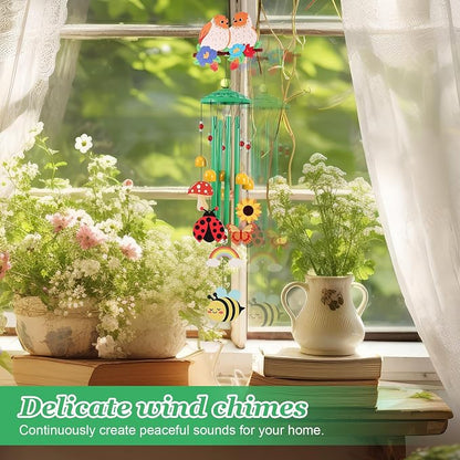 Bird Wind Chimes for Outside Colorful Metal Garden Decor with Rainbow Bee Butterfly Ladybug Sunflower Outdoor Hanging Wind Chime for Patio Porch Yard Art Gift
