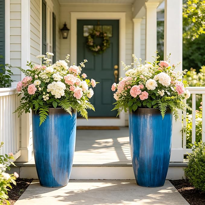 2-Pack 23.75" Cobalt Blue Round Tall Planters with Drainage Holes | Set of 2 PP tall planters with cobalt glaze look, drainage plugs, and UV-treated finish for porch, patio, or entryway