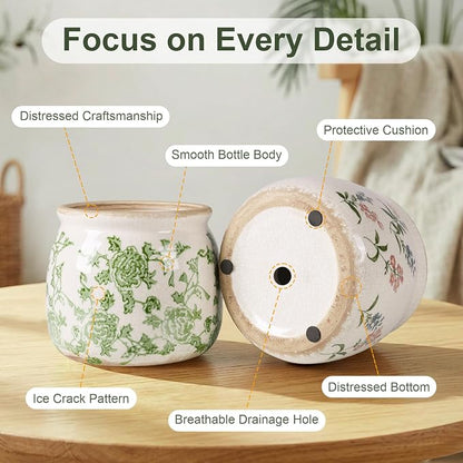 DREAMLOOM Vintage Ceramic Planter for Indoor Plants,6.1" Ice Crack Cottage Scroll Vase Tuscan Decor Flower Pots with Drainage Holes Home Kitchen Farmhouse Antique Decorative Gift (Green-Round)