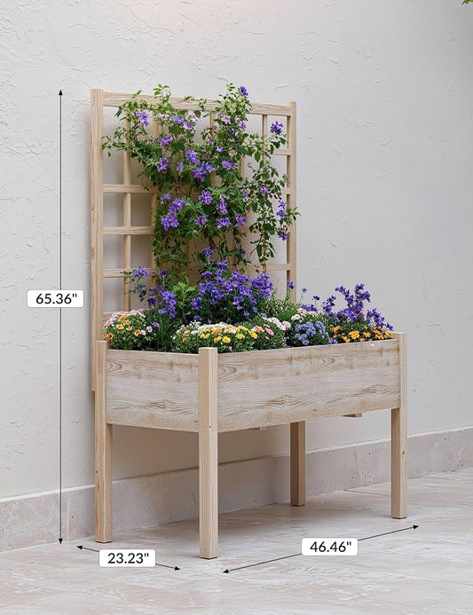 Garvee Wooden Raised Garden Bed with Trellis, 46.46x23.23x65.35IN Elevated Planter Box with Legs for Climbing Plants, Vegetables & Flowers