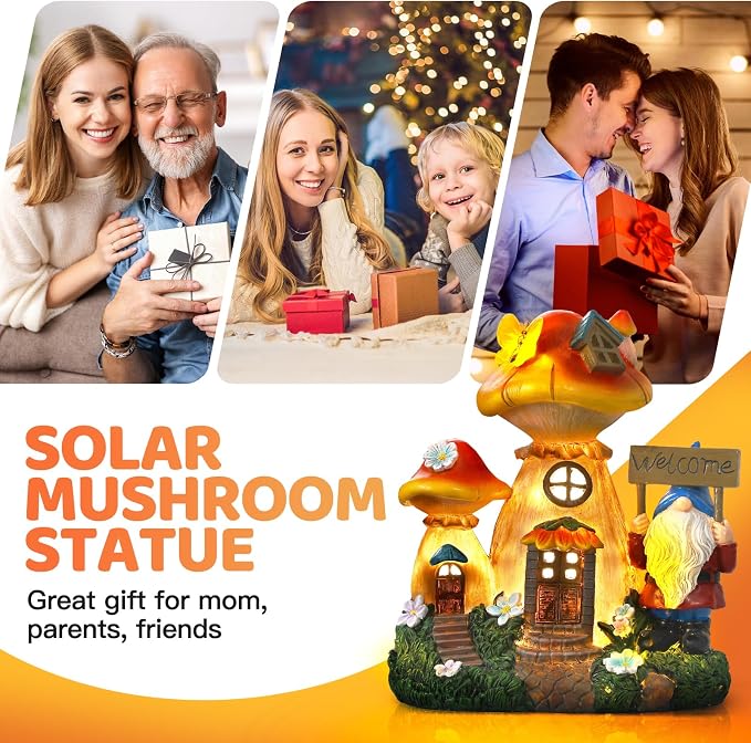 Json Solar Garden Statue Lights Mushroom Fairy House Figurine, Outdoor Memorial Garden Ornaments Waterproof Decoration for Fairy Garden,Outside Patio Yard Lawn Pathway Decor