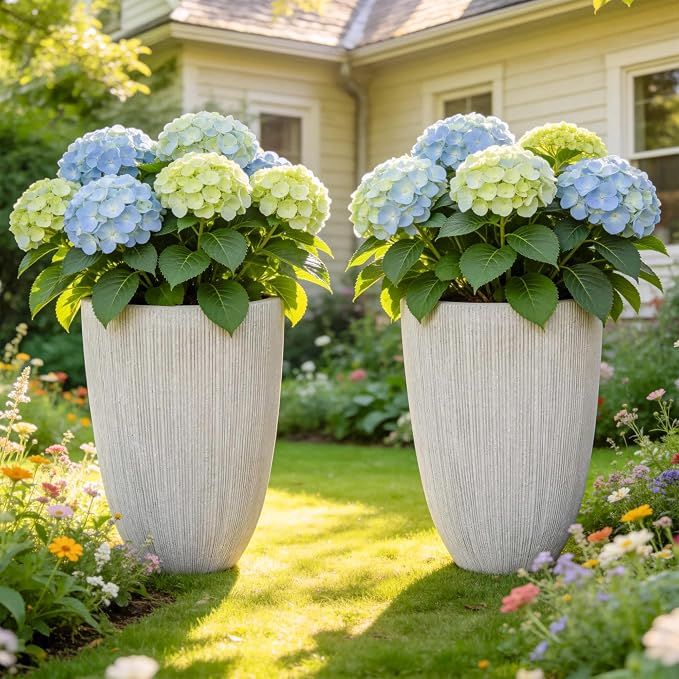 19" Mediterranean Beige Resin Tall Planters with Fluted Texture | Set of 2 resin tall planters with beige fluted texture, drainage plugs, and UV-resistant finish for porch, patio, or indoors