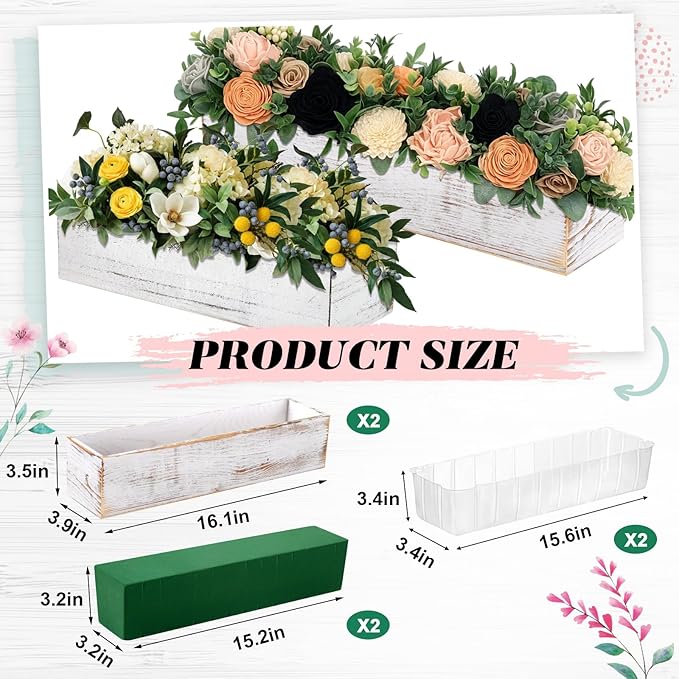Dandat 2 Set Wood Boxes for Centerpieces 16x4 Inch Rectangle Wooden Planter Box Rustic Wooden Planters with Removable Plastic Liner Floral Foam Blocks for Christmas Wedding Home Garden Decor(White)