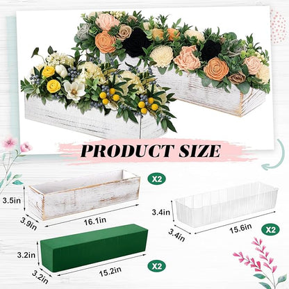 Dandat 2 Set Wood Boxes for Centerpieces 16x4 Inch Rectangle Wooden Planter Box Rustic Wooden Planters with Removable Plastic Liner Floral Foam Blocks for Christmas Wedding Home Garden Decor(White)