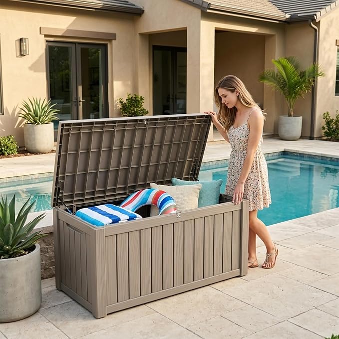 Outdoor Storage Box, 150 Gallon Waterproof Deck Box [Upgraded 3.1], Large Resin Storage with Hydraulic Gas Lifts for Cushions, Heavy Duty Lockable Bench Seat, Backyard Party, Grey