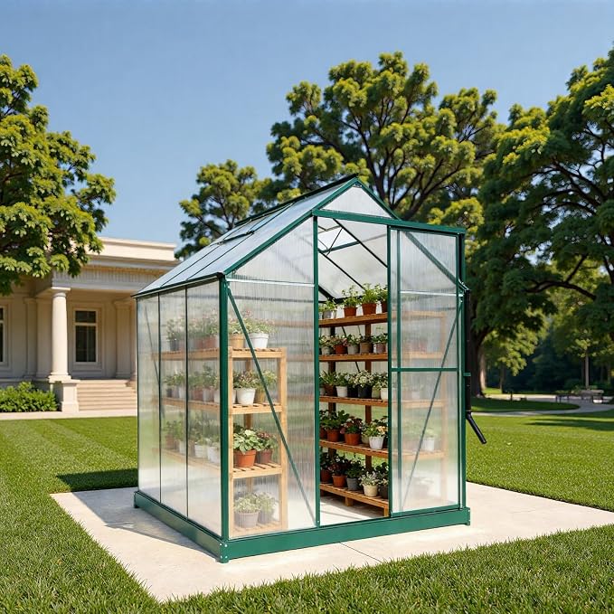 6x6 FT Greenhouse, Walk-in Polycarbonate Greenhouse, Heavy Duty Aluminum Outdoor Green House Kit with Sliding Door, Roof Vent, Rain Gutter for Backyard Garden All Season Growing, Green