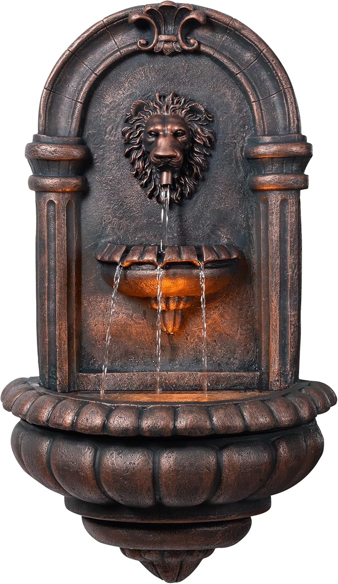 Teamson Home 32.1 in. Wall-Mounted Lion Head Stone LED Outdoor Water Fountain for Gardens, Landscaping, Patios, Balconies, Lawns to Create a Calming Oasis in Outdoor Living Spaces, Antique Bronze | Lion Head, Tiered Water Feature, LED Light, For Garden...