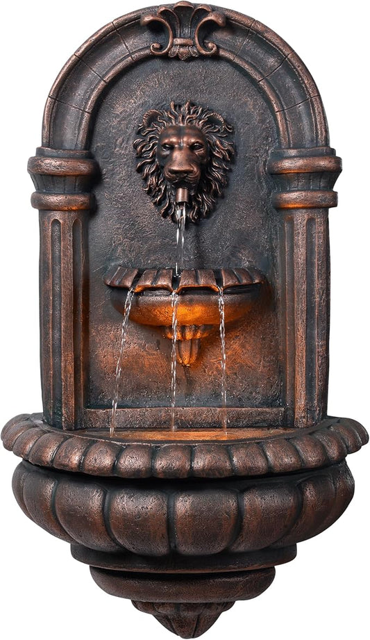 Teamson Home 32.1 in. Wall-Mounted Lion Head Stone LED Outdoor Water Fountain for Gardens, Landscaping, Patios, Balconies, Lawns to Create a Calming Oasis in Outdoor Living Spaces, Antique Bronze | Lion Head, Tiered Water Feature, LED Light, For Garden...