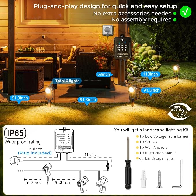 Plug and Play Low Voltage Landscape Lighting Kit, 6-Pack Wired Landscape Lights with Smart Transformer, Warm White Waterproof Outdoor LED SpotLights for Yard, Garden, Pathway, Tree