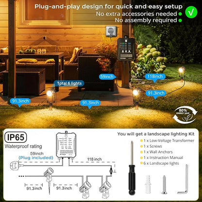 Plug and Play Low Voltage Landscape Lighting Kit, 6-Pack Wired Landscape Lights with Smart Transformer, Warm White Waterproof Outdoor LED SpotLights for Yard, Garden, Pathway, Tree