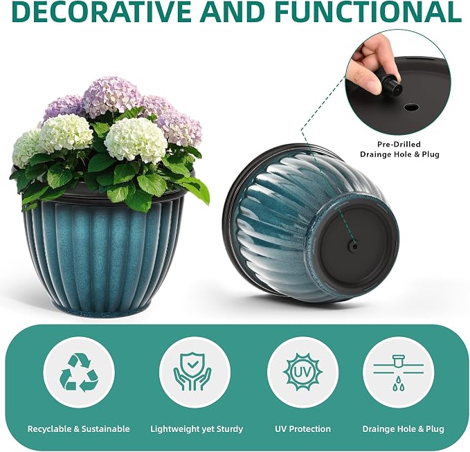 15" Large Flower Pots Set of 2 Plastic Planters for Outdoor Plants | Plant Pot with 3D Textures, Gradient Teal Blue Glaze, Weather-Resistant for Porch, Garden, Patio or Indoor Use
