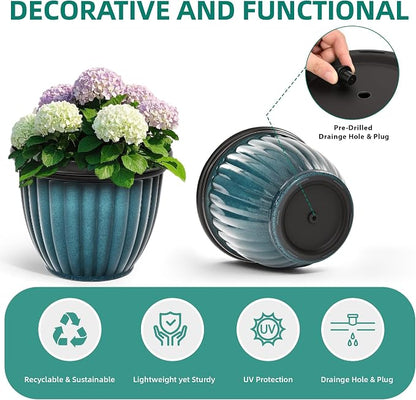 15" Large Flower Pots Set of 2 Plastic Planters for Outdoor Plants | Plant Pot with 3D Textures, Gradient Teal Blue Glaze, Weather-Resistant for Porch, Garden, Patio or Indoor Use
