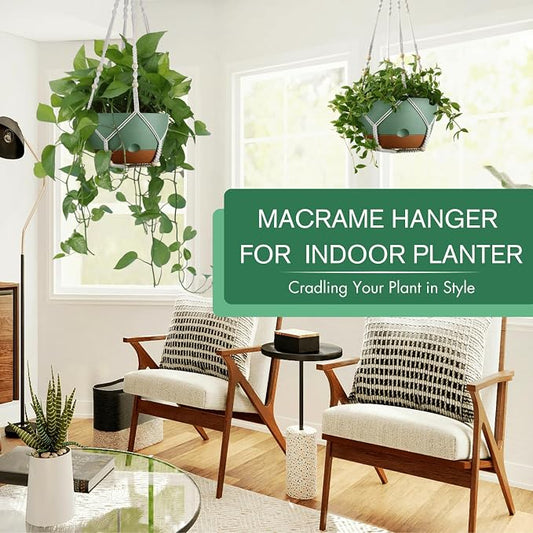 Set of 2-10 Inch Hanging Planters for Indoor Plants with Self-Watering Includes Hanging Pots for Plants, Outdoor Hanging Plant Pot with Drainage, and 2 Types of Baskets Hangers (Green, 10inch)