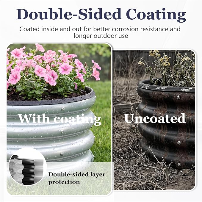 2 x 2 x 1 ft Round Raised Garden Bed, Silver 1 Pack 0.6 mm Thick Galvanized Steel Planter Box with Double Layer Paint and Safety Edge Trim for Vegetables Flowers Herbs Outdoor Garden