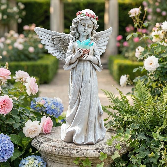 Angel Garden Statue Outdoor Decor, Angel Garden Figurine Hold Bird's Nest with Solar Lights Waterproof Resin Yard Art Decoration Lawn Ornament Sculpture for Outside Patio Yard Gift