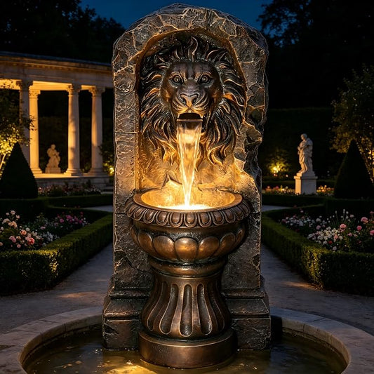 30" Lion Head Outdoor Water Fountain LED Stone Cascading Waterfall | faux granite stone texture, European courtyard, patio yard,Deck Floor Garden Decor
