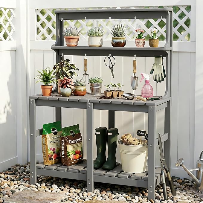 Outdoor Potting Bench with 3 Tier, All-Weather Patio Potting Table with Tool Hooks, HDPE Gardening Table for Backyard, Garden, Grey