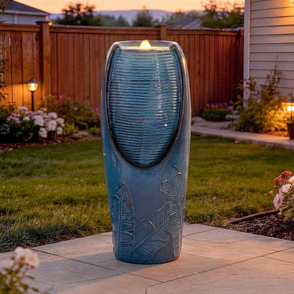 32" H Outdoor Garden Fountain with LED Lights, Modern Ceramic Jar Water Fountain, 3D Tropical Leaf Pattern, Teal Blue Glaze, Soothing Cascading Waterfall for Relaxing Patio, Yard, Porch