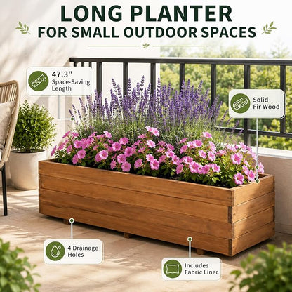 Fir Wood Raised Garden Bed Rectangular Planter for Outdoor Tomato Planter | For Herbs & Flowers Garden Includes Fabric Planter Liner, 4 Drainage Holes