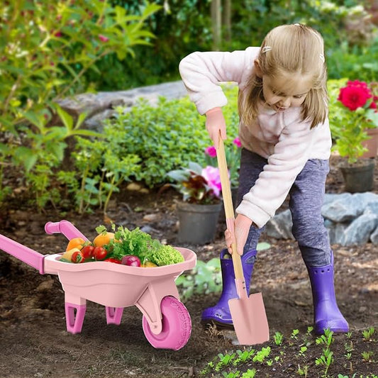 Qtioucp Kids Gardening Set with Wheelbarrow, Real Metal Garden Tools for Kids Ages 3-8, 4 Long Handle Tools, 3 Hand Tool, Gloves, 5 Stickers, Handbook, Outdoor Backyard Toys for Toddler Gift