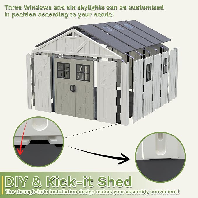 Greesum 10X12FT Plastic Outdoor Storage Shed with Floor and Lockable Door, Resin Sheds with 6-Windows and Multiple Skylights, HDPE Kick-it Shed for Garden, Patio, Backyard, Beige