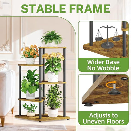 iDavosic.ly Tall Plant Stand with Grow Lights for Large & Heavy Duty Planters, 4 Tier Indoor Corner Flower Shelf with Wooden Trays & Metal Frame, Orchid Rack for Living Room Balcony, Black & Brown