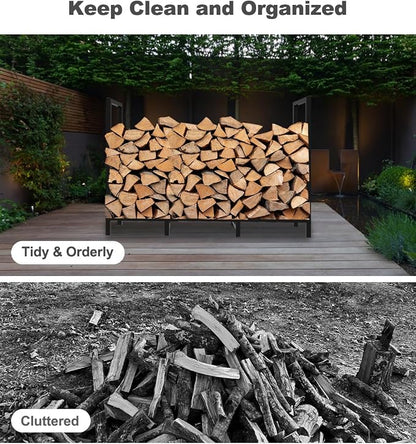 4ft Outdoor Firewood Rack Holder with 8 Support Legs for Fire Wood Pile Storage, Adjustable Heavy Duty Log Stacker Stand Organizer, Black