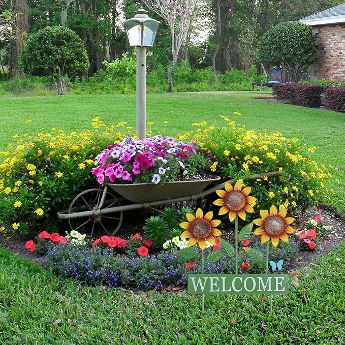 hogardeck Garden Decor for Outside, Metal Sunflower Butterfly Decorative Garden Stakes for Spring Decor, Yard Art Welcome Sign for Outdoor Lawn Porch Pathway Backyard Patio Decorations